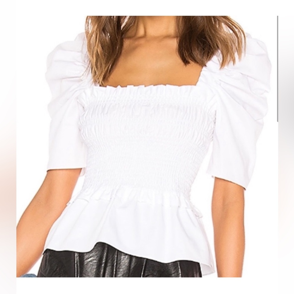 Amanda Uprichard White Smocked Puff Sleeve Top – Size S